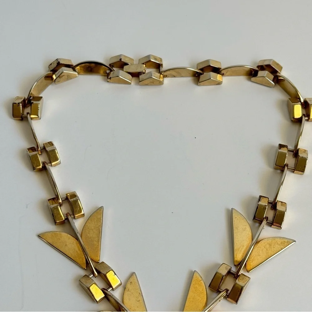 Vintage Modernist Necklace Gold Tone Retro Geometric 60s Collar Bib Runway Piece
